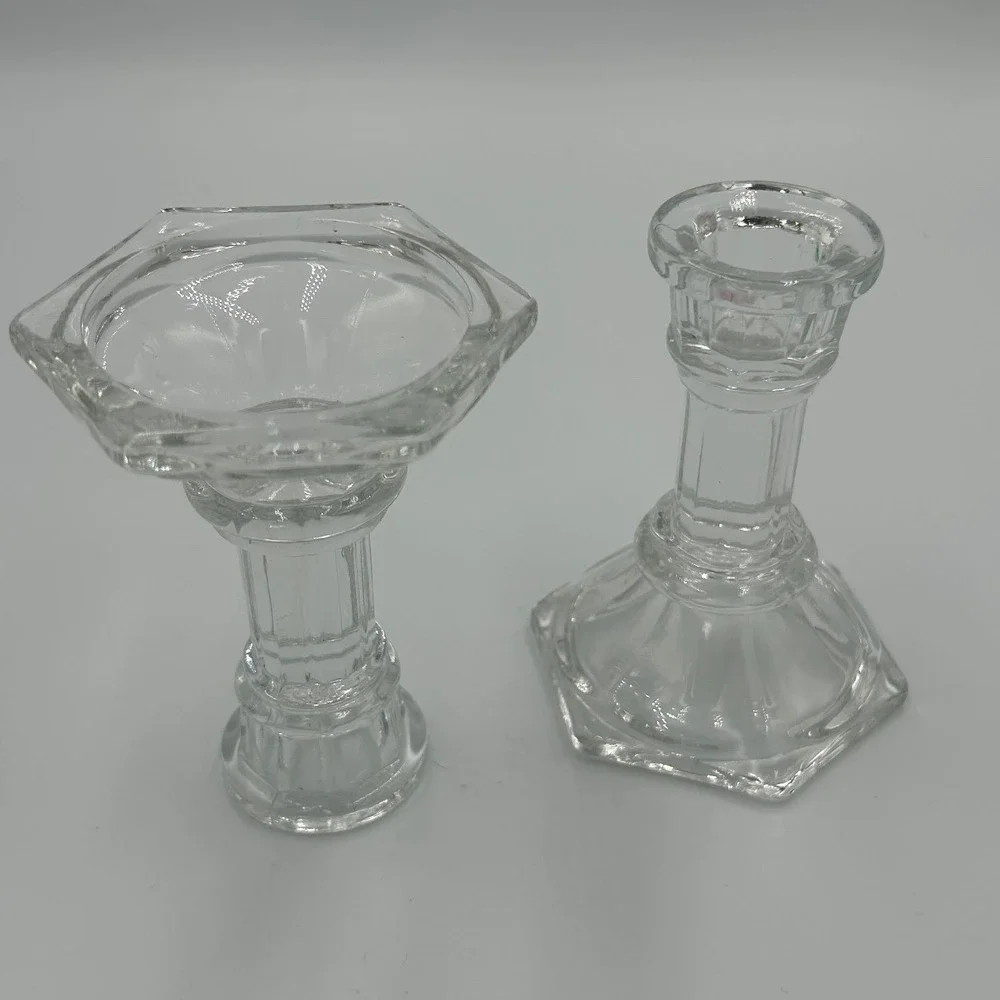 Vintage Clear Pressed‎ Glass Hexagon Base Taper Candlestick Holders Pair 4 Inch